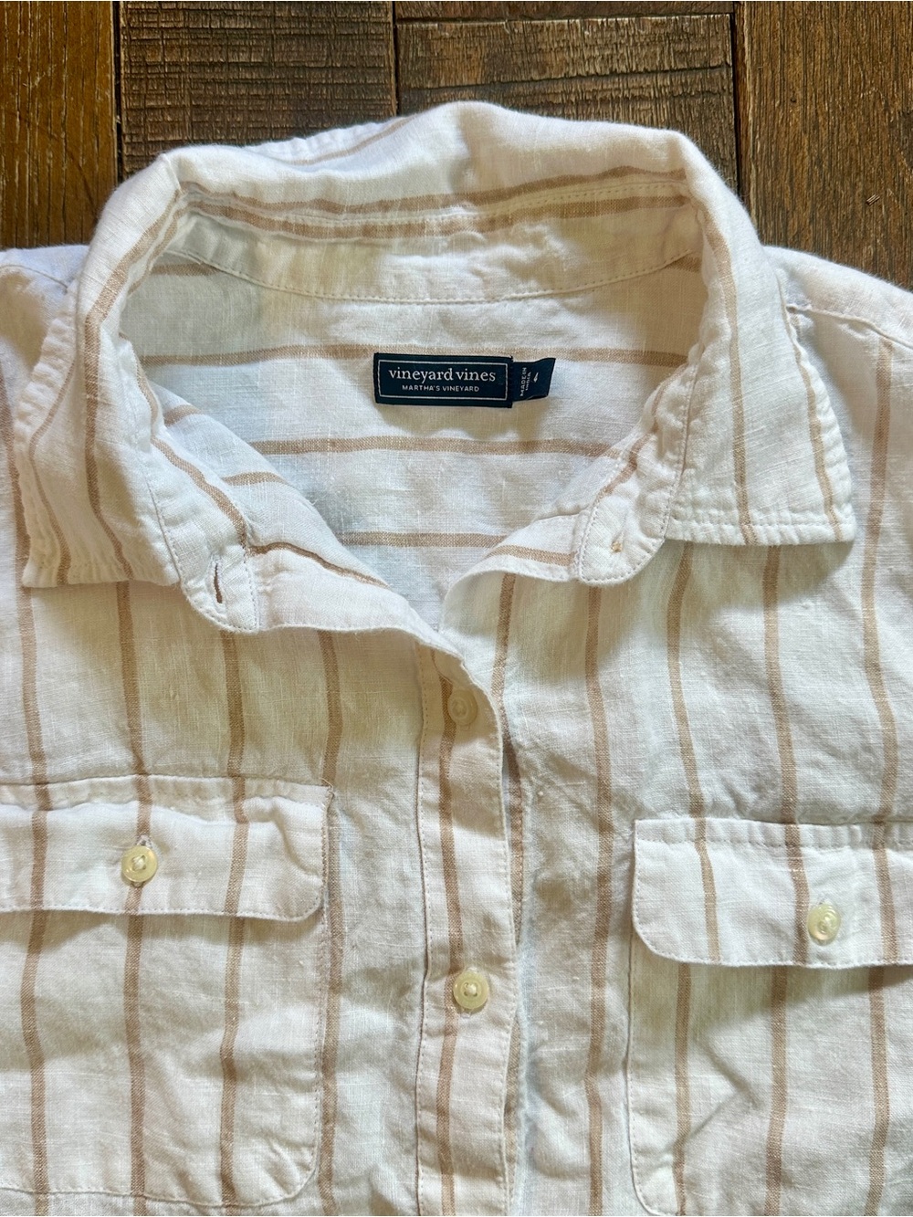 Vineyard Vines Striped Button-Front Linen Shirt - Cream & Light Tan Size 4